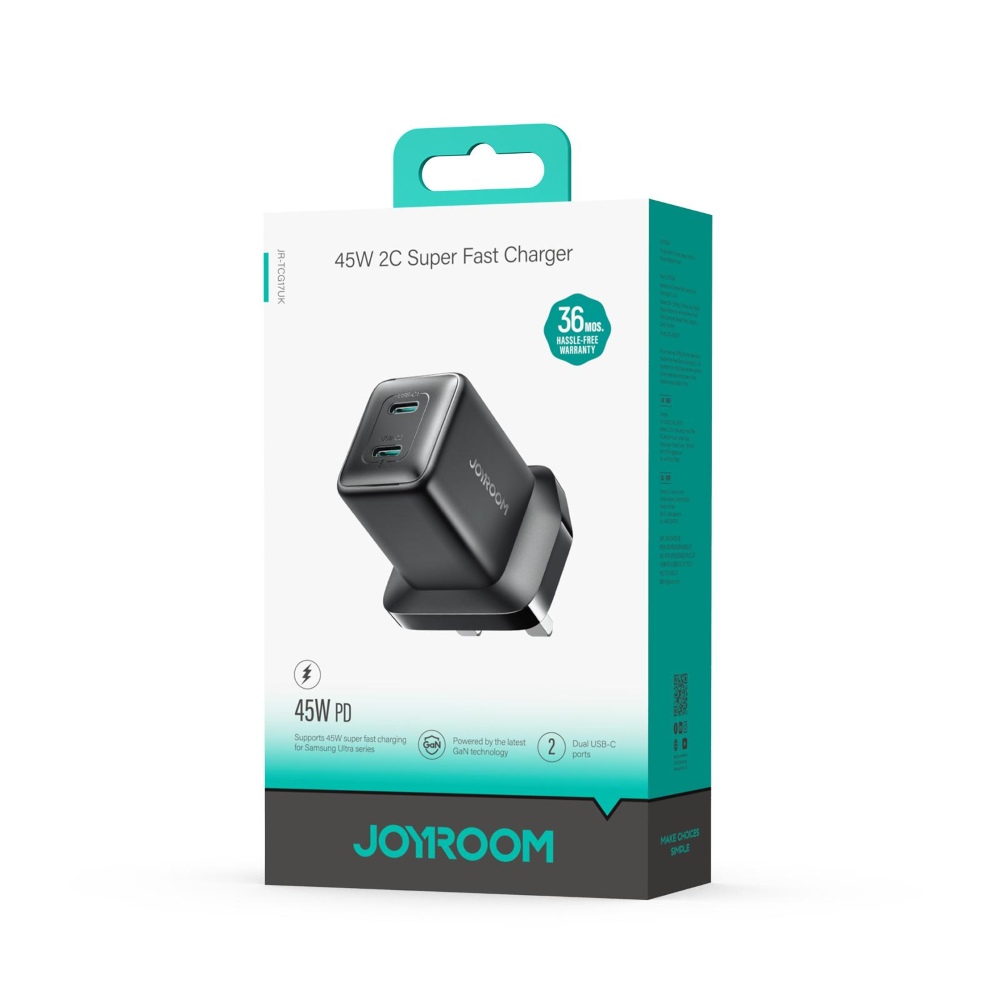 JOYROOM MINI GAN FAST CHARGER 45W DUAL USB-C UK JR-TCG17UK BLACK
