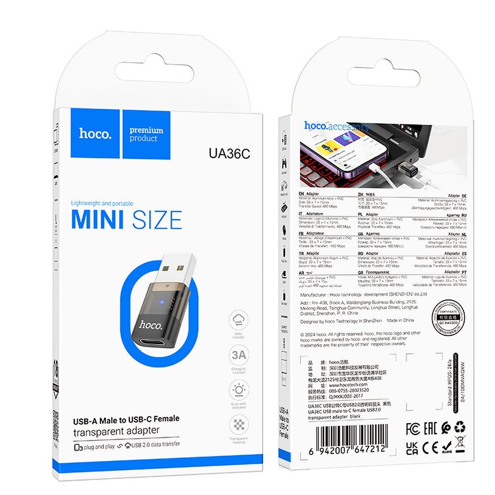 HOCO OTG ADAPTER USB-A TO USB-C FEMALE 3A UA36C