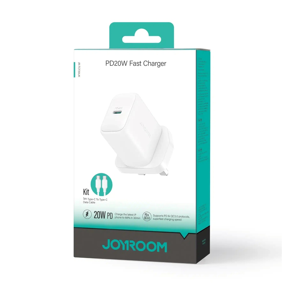 JOYROOM PD FAST CHARGER 20W USB-C UK + USB-C CABLE JR-TCF20 WHITE